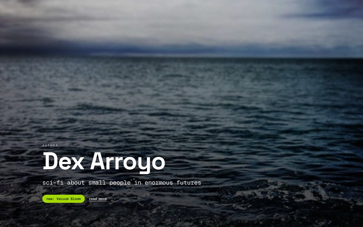 Dex Arroyo's published AuthorCanvas site using the Dust Jacket template